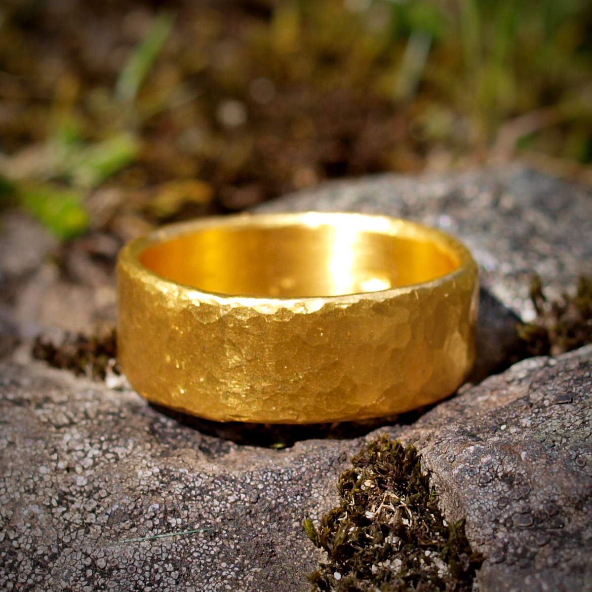 Heavy 24k Cigar Band Ring - Hammered Texture - Wide Low Profile