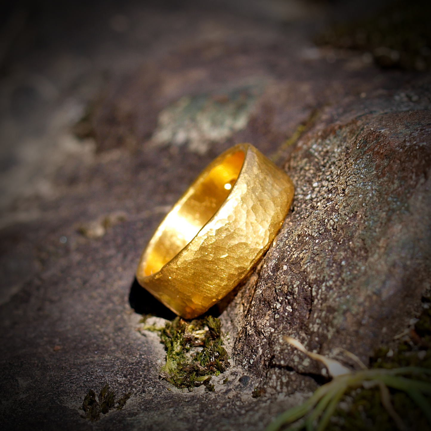 Heavy 24k Cigar Band Ring - Hammered Texture - Wide Low Profile