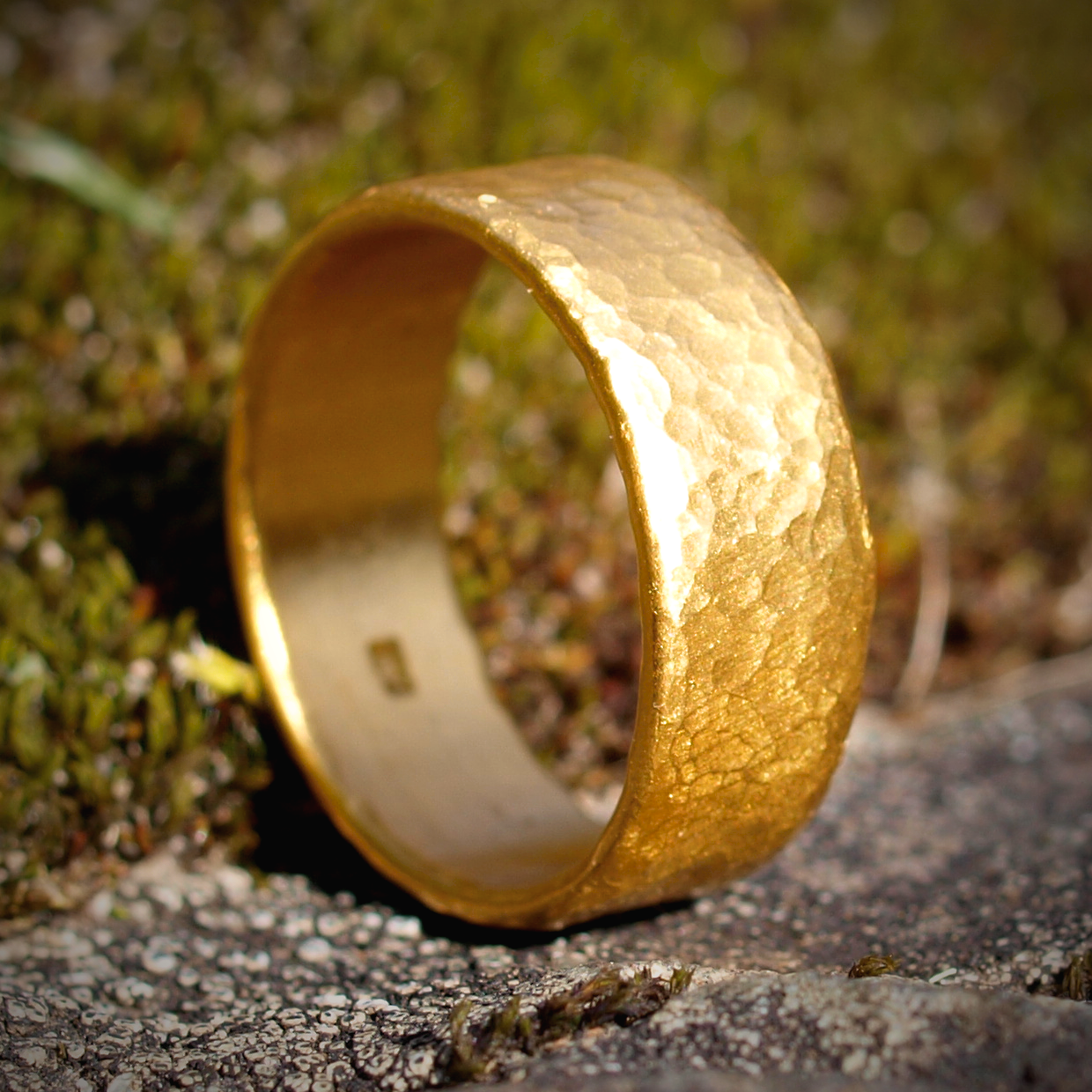 Heavy 24k Cigar Band Ring - Hammered Texture - Wide Low Profile