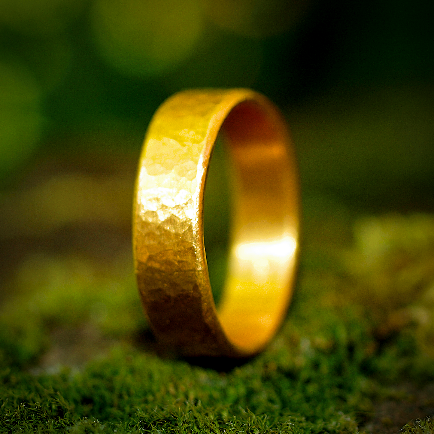 24k Classic Flat Band - Hammered Texture - Genuine Pure Gold