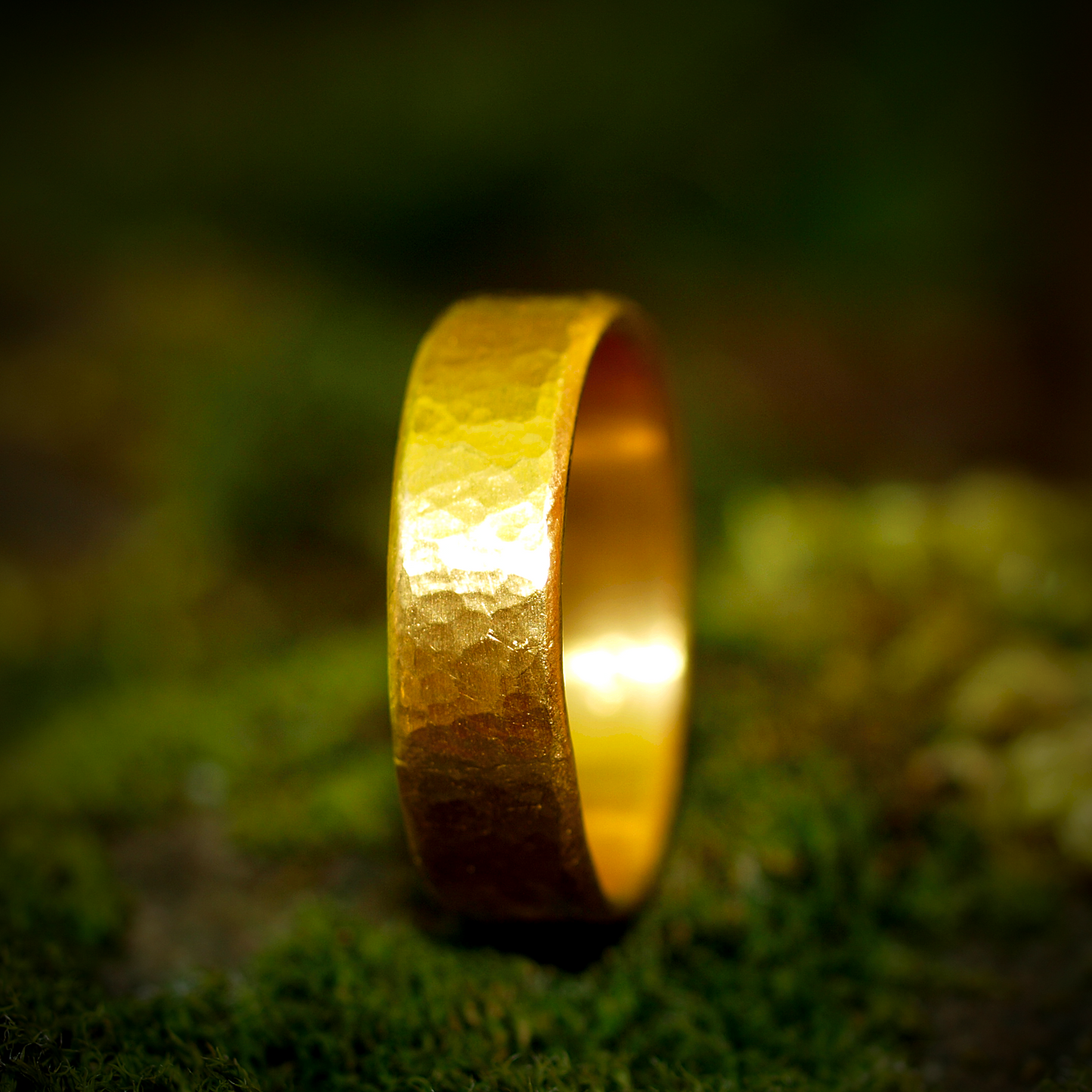 24k Classic Flat Band - Hammered Texture - Genuine Pure Gold
