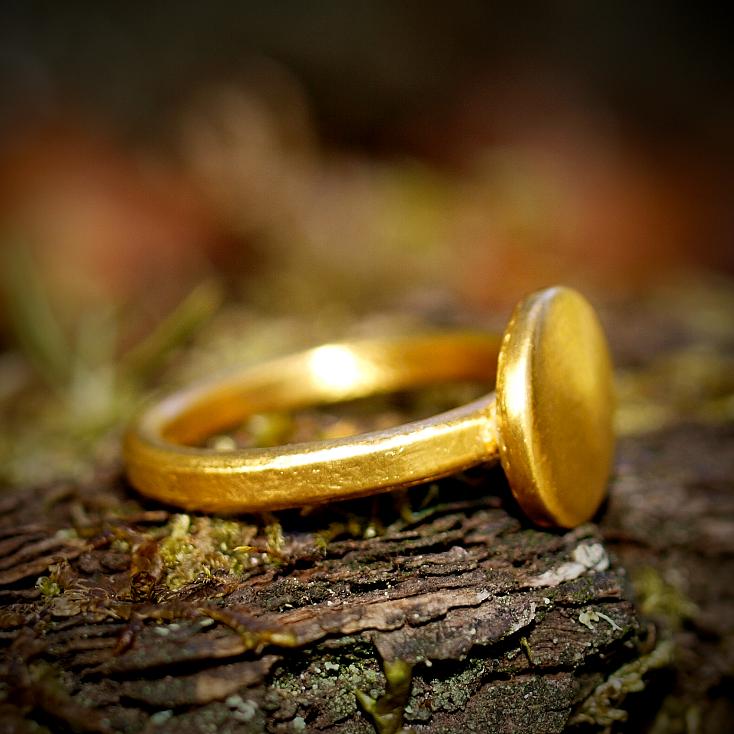 Wide Disc Ring - Round Circle on Narrow Thick Band - Pure 24k