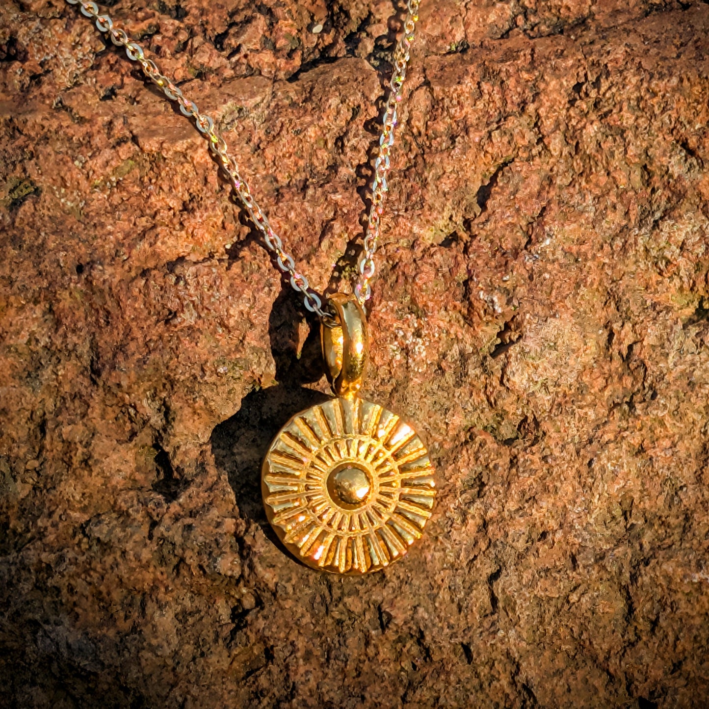 Solid Gold Sunburst Round Medallion | Pure 24k Gold