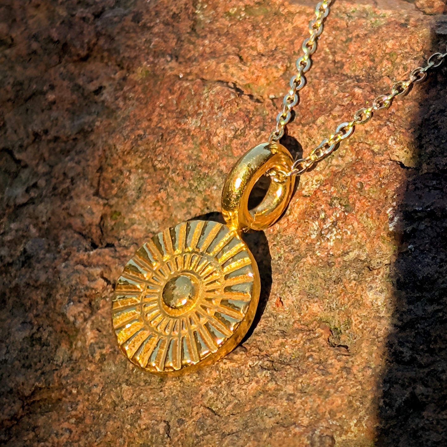 Solid Gold Sunburst Round Medallion | Pure 24k Gold