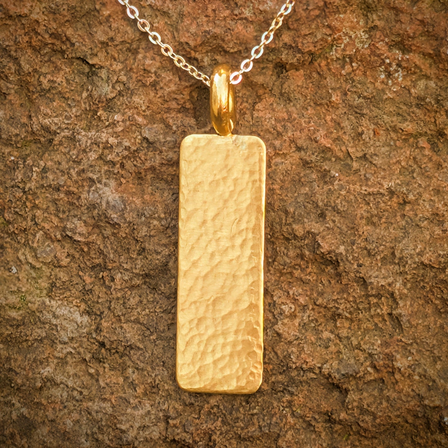 24k Solid Gold Hammered Wide Profile Bar Pendant