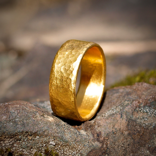 Heavy 24k Cigar Band Ring - Hammered Texture - Wide Low Profile