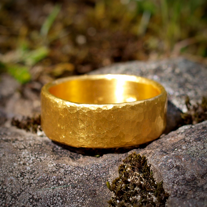 Heavy 24k Cigar Band Ring - Hammered Texture - Wide Low Profile