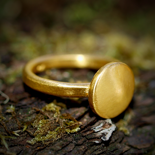 Wide Disc Ring - Round Circle on Narrow Thick Band - Pure 24k