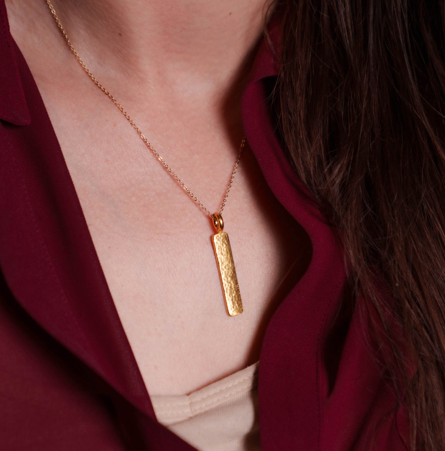 24k Pure Gold Hand Hammered Bar Pendant